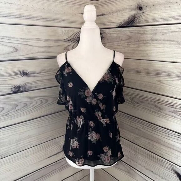 Express Black & Pink Floral Open Back Cold Shoulder V Neck Top - Picture 1 of 4